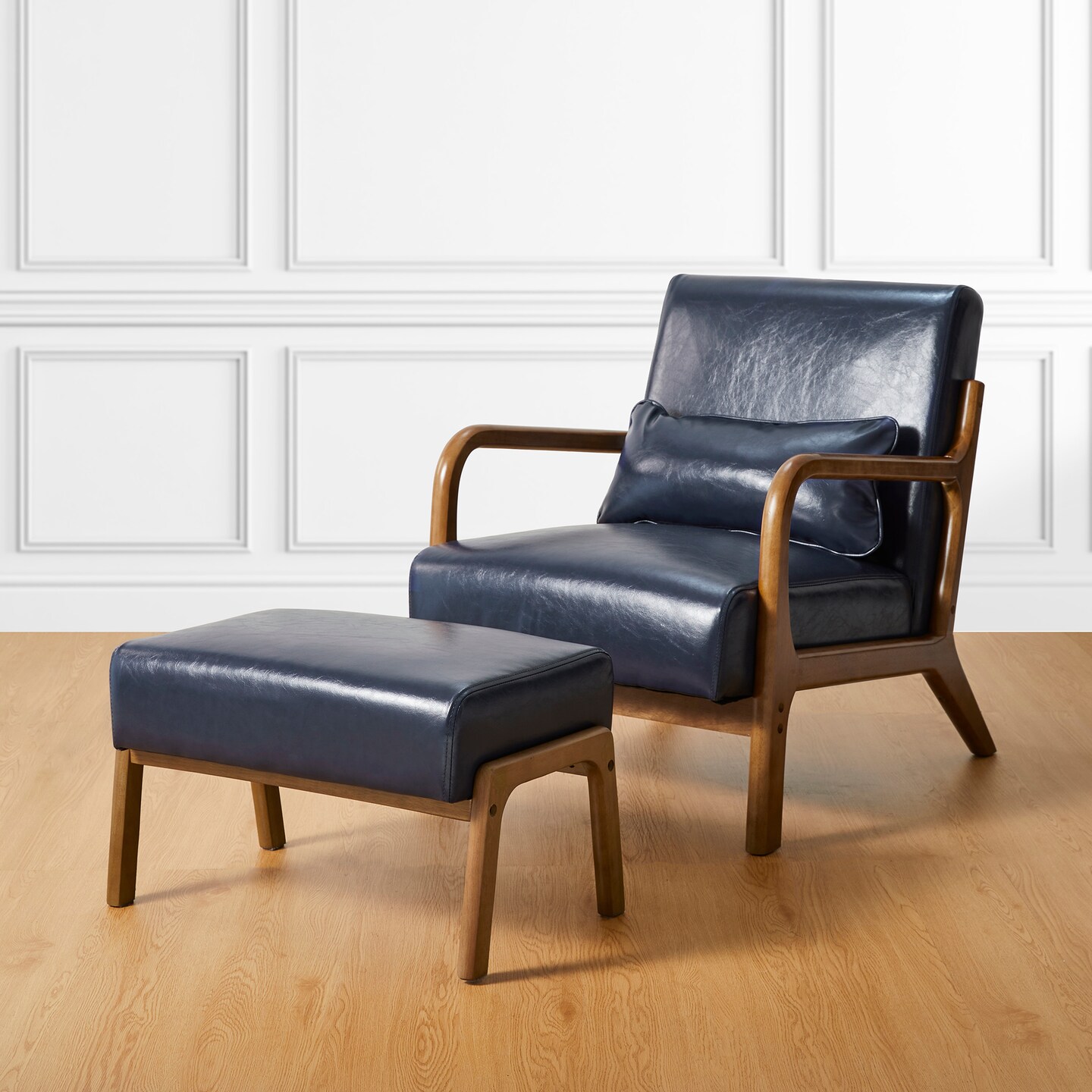 30.75&#x22;H Mid-Century PU Leather Armchair with Ottoman Set