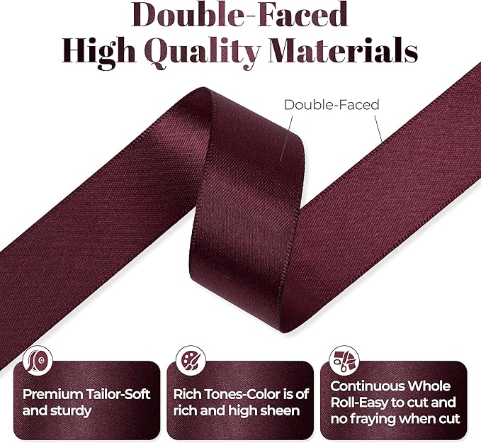 Double Faced Burgundy Satin Ribbon, 7/8 Inch X 25 Yards Polyester Ribbon for Gift Package Wrapping, Crafts, Bow Making, Sewing, Flower Bouquet, Wedding Party Decor
