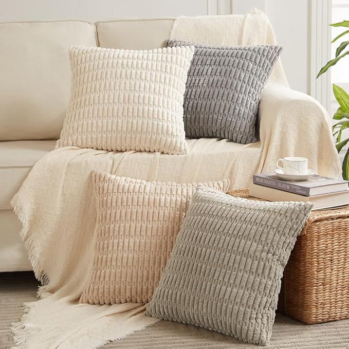 4 Packs Neutral Decorative Throw Pillow Covers 18x18 Inch for Living Room Couch Bed Sofa, Rustic Farmhouse Boho Home Decor, Soft Plush Striped Corduroy Square Cushion Case 45x45 cm