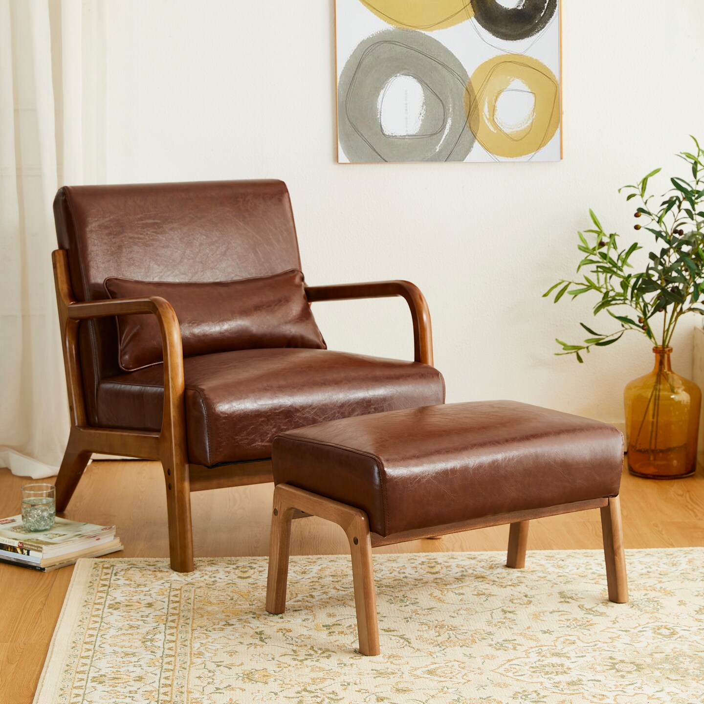 30.75&#x22;H Mid-Century PU Leather Armchair with Ottoman Set