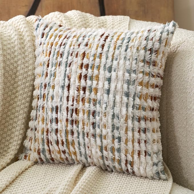Boho Chenille Tufted Pillow Cover 18x18 Inch, Decorative Square Throw Pillow Cover Neutral Pillowcase for Couch Bedroom Living Room, Orange White
