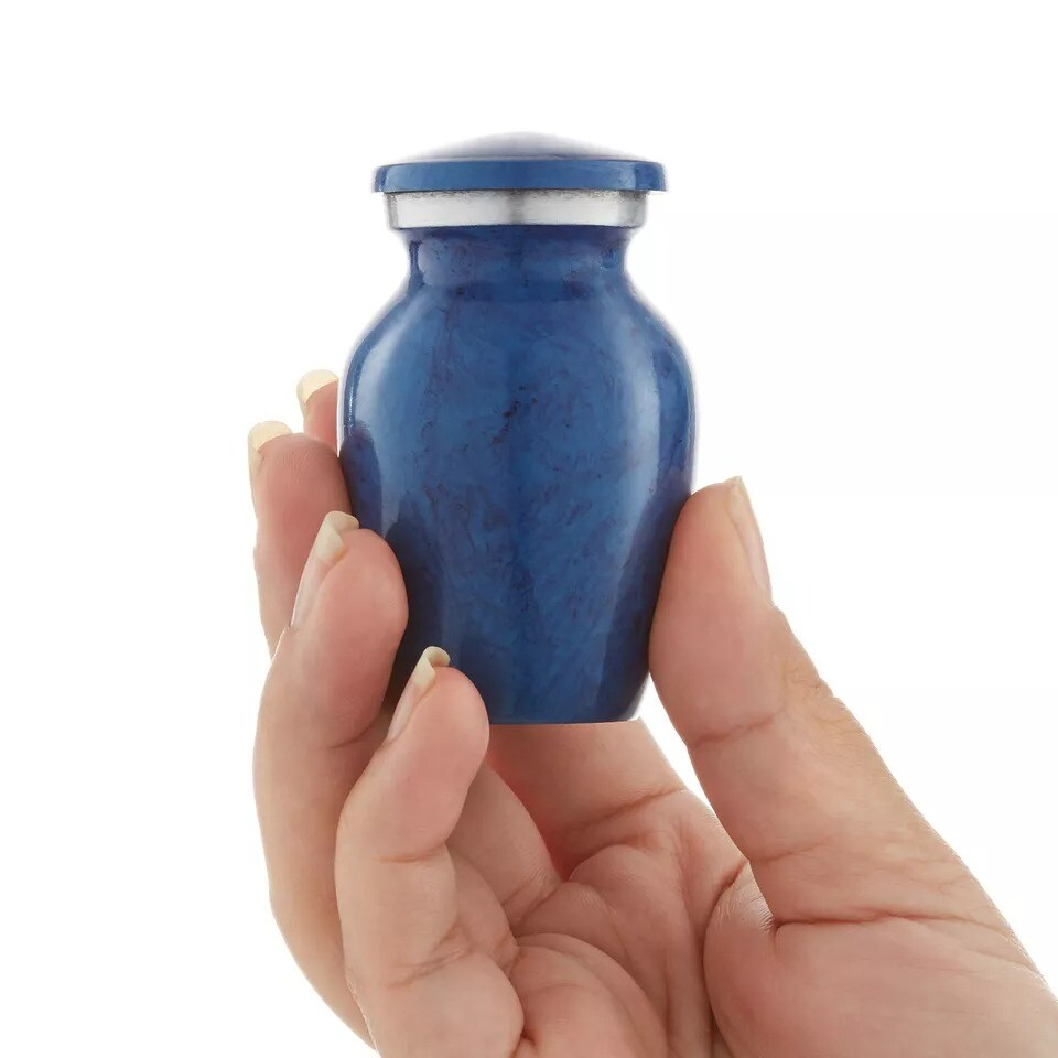 Small Mini Keepsake Cremation Urn for Human Ashes, Blue with Velvet Case