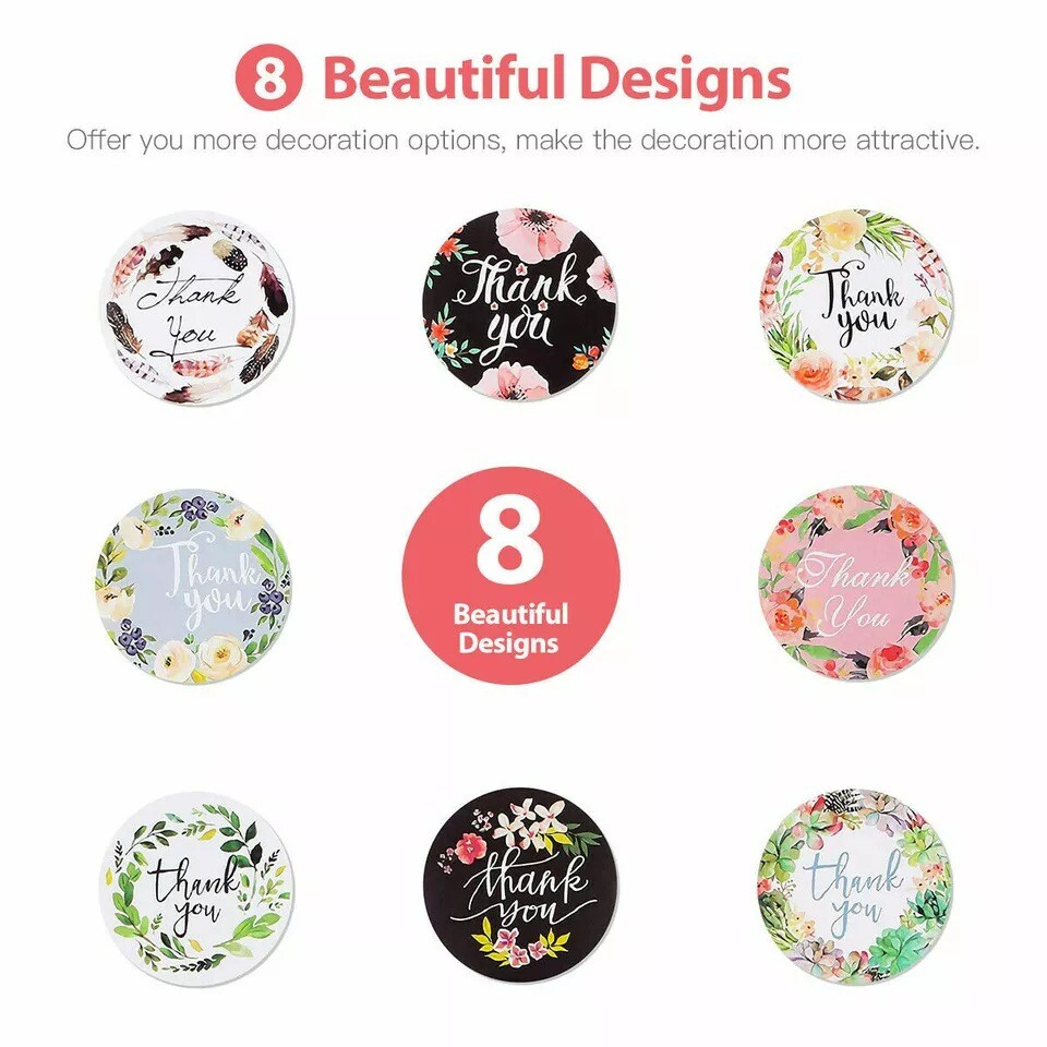 2 Roll of 1000 Pcs 1" Assorted Floral Thank You Stickers Round Sealing Labels US