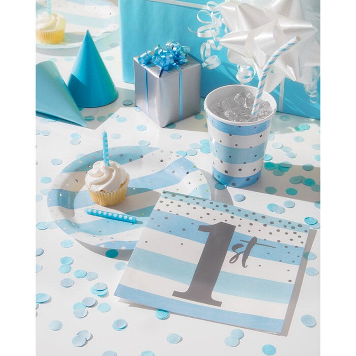 Bulk Pack of 16 Blue Silver Celebration Foil Paper Dessert Plates