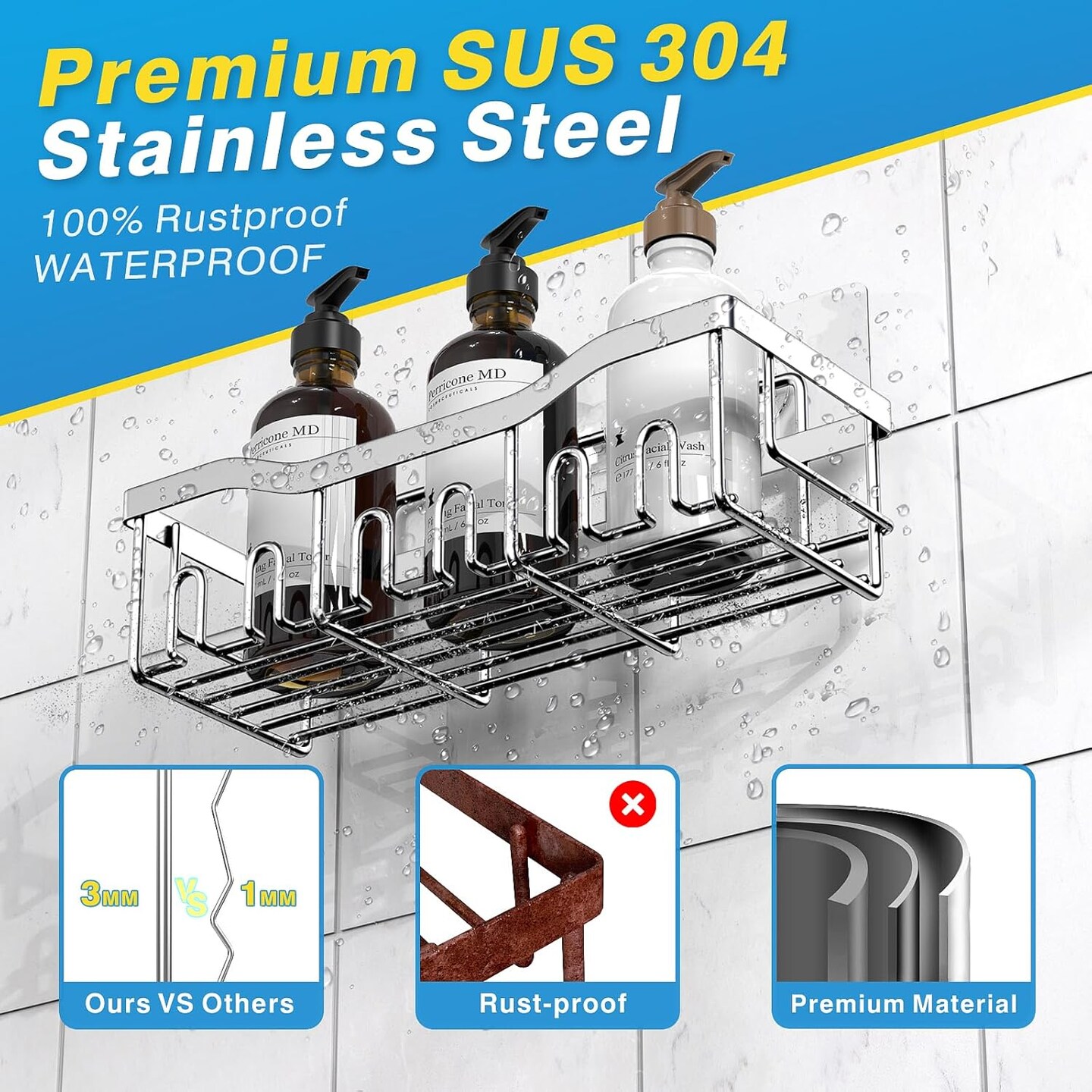 Shower Caddy 5 Pack,Adhesive Shower Organizer for Bathroom Storage&#x26;Home Decor&#x26;Kitchen,No Drilling,Large Capacity,Rustproof Stainless Steel Bathroom Organizer,Shower Shelves for Inside Shower-Larger