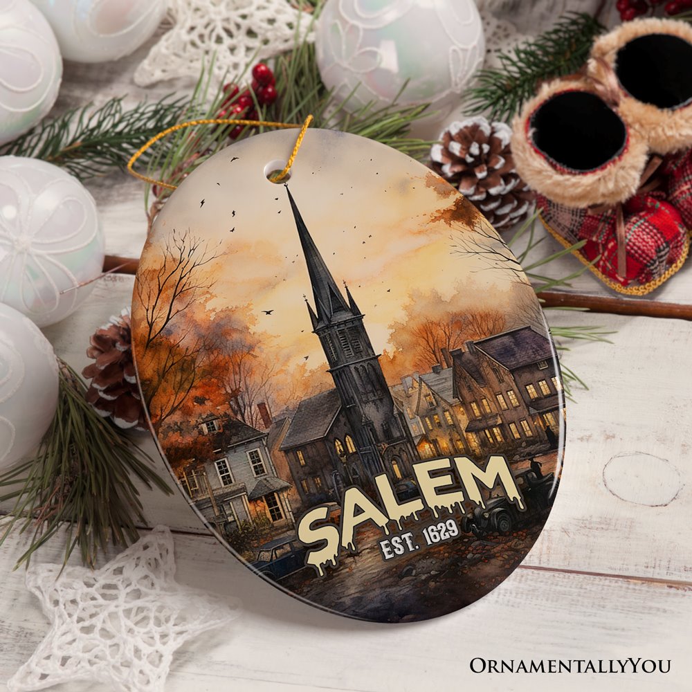 Mysterious Salem Watercolor Fall Art Ornament, Massachusetts Souvenir and Gift