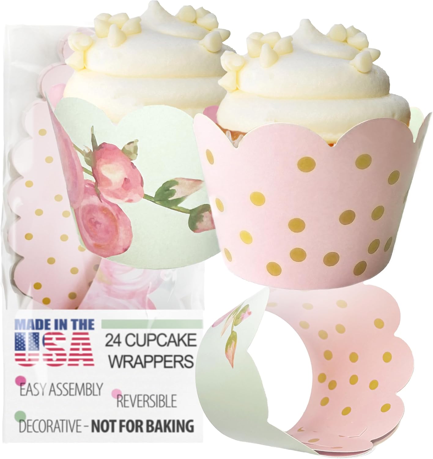 Cupcake Wrappers - Blush Pink & Gold Floral Wedding, Vintage Rose Bridal & Baby Shower Decorations, Fairytale Princess Birthday Party, Girl Gender Reveal, Reversible Dessert Wrap, Romantic (24 Count)