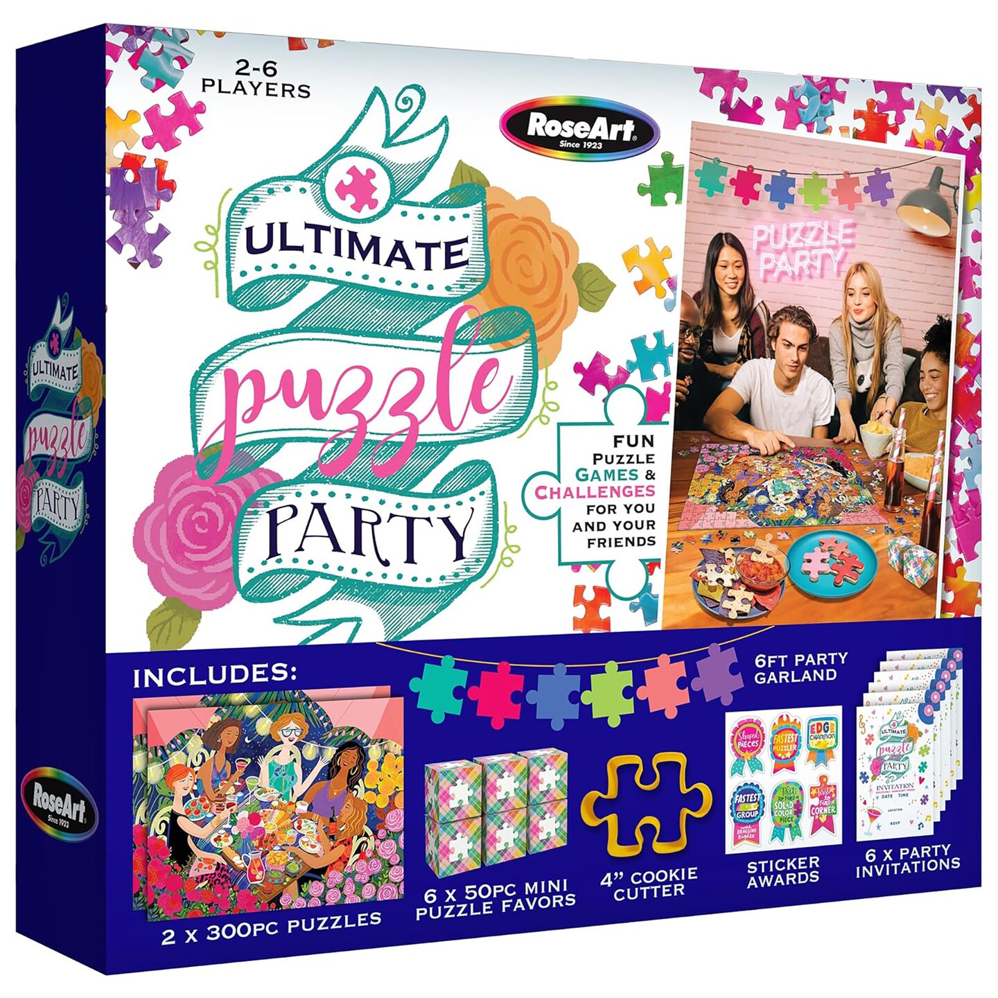 RoseArt: Ultimate Puzzle Party - Game Night in A Box, (2) 300pc Jigsaws, 6 Mini Puzzle Party Favors, 6&#x27; Garland, Cookie Cutter, Stickers, Invitations