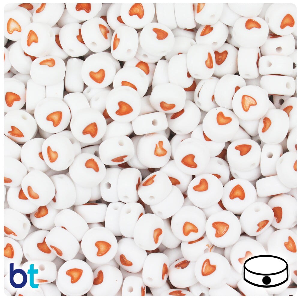 BeadTin White Opaque 7mm Coin Plastic Alpha Beads - Coral Hearts (250pcs)