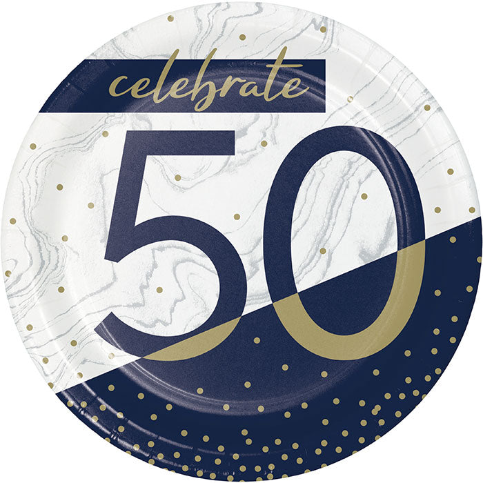 Navy &#x26; Gold Milestone &#x22;50&#x22; Paper Dessert Plate (8/Pkg)