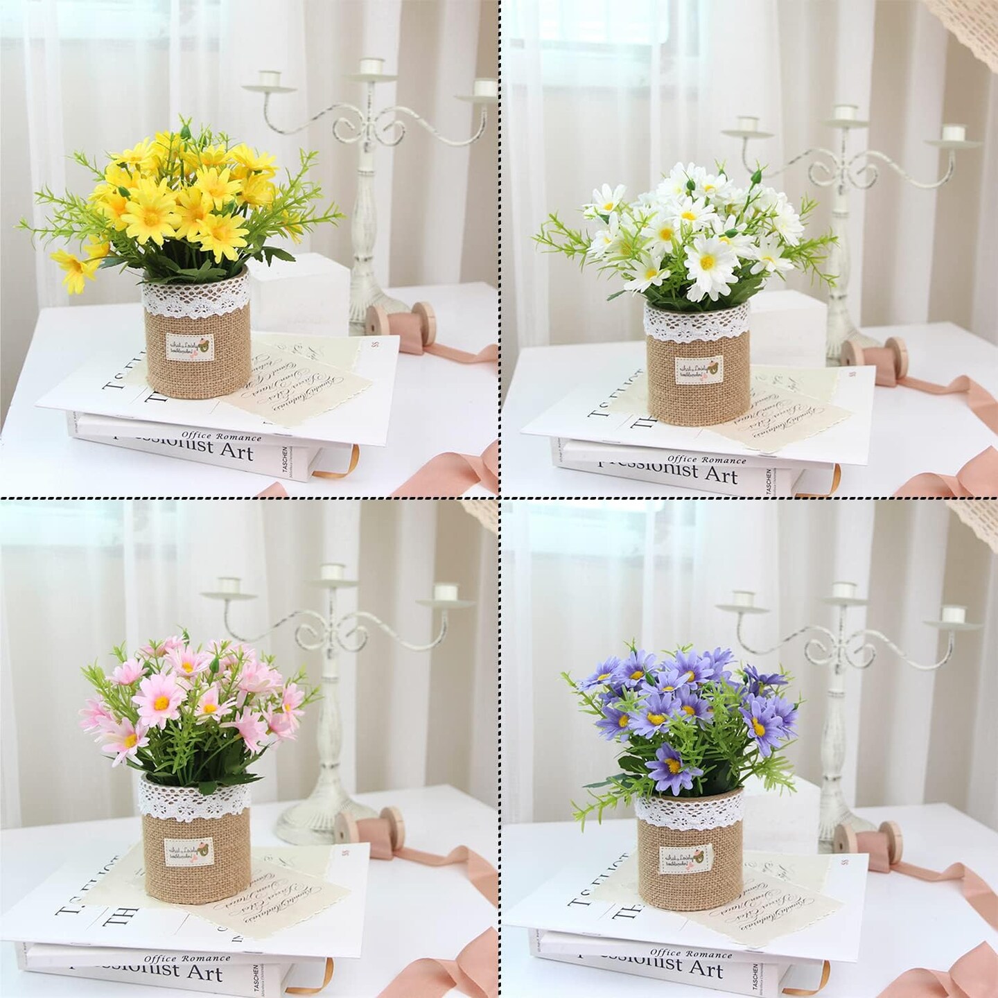 Set of 4 Mini Artificial Daisy Flowers in Pots – Faux Silk Floral Décor for Home & Office