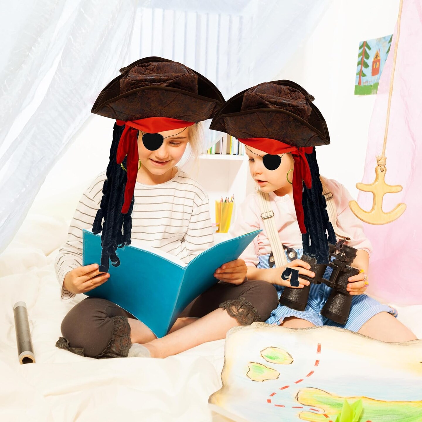 4E&#x27;s Novelty Eye Patch, Pirate Hat with Dreadlocks Hair &#x26; Red Bandana (3 Pcs Set) - Pirate Accessories for Costume, Cosplay &#x26; Birthday Party Decors