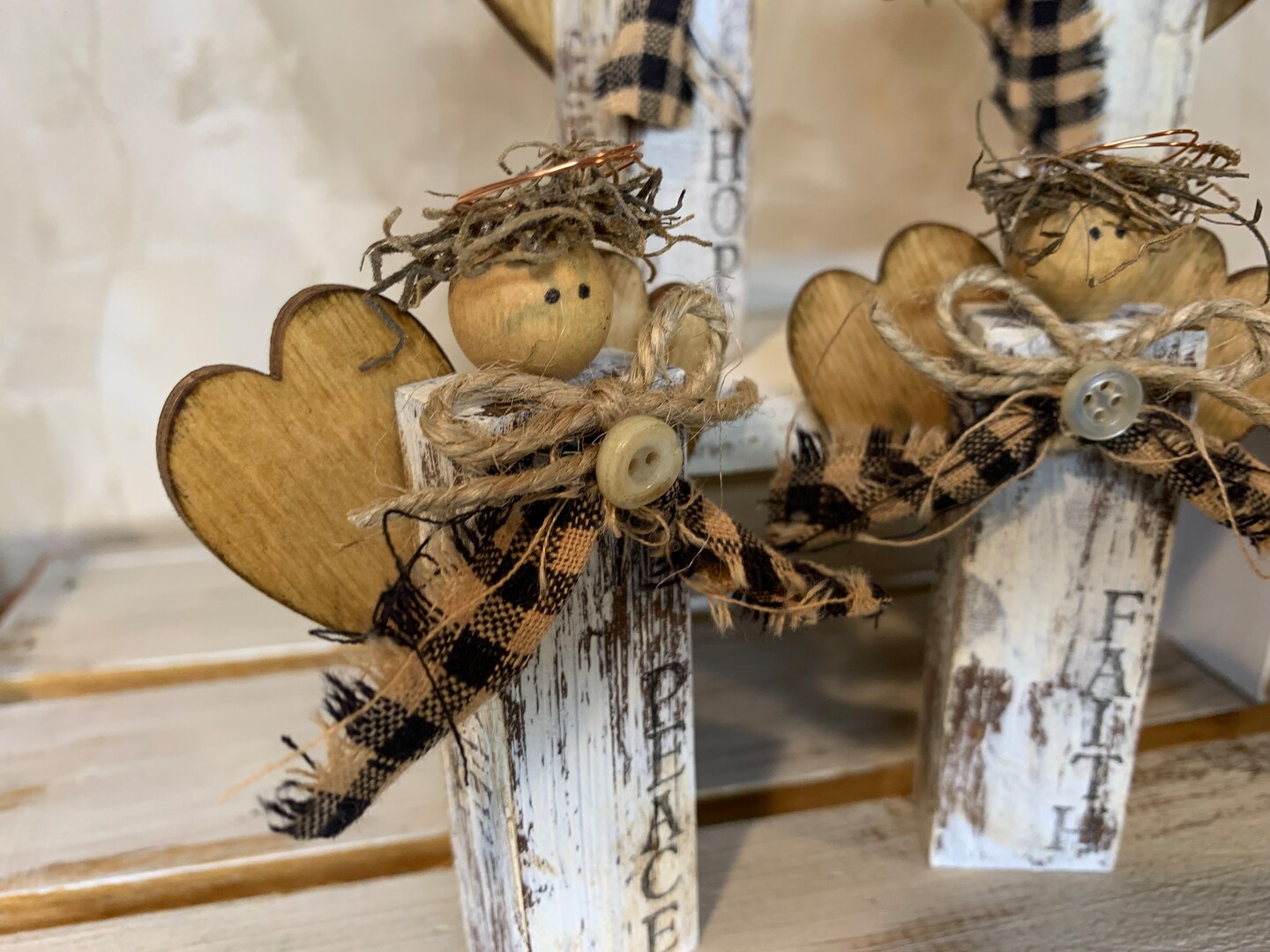 Rustic Small Wood Block Angel with Heart Wings; Stamped Love