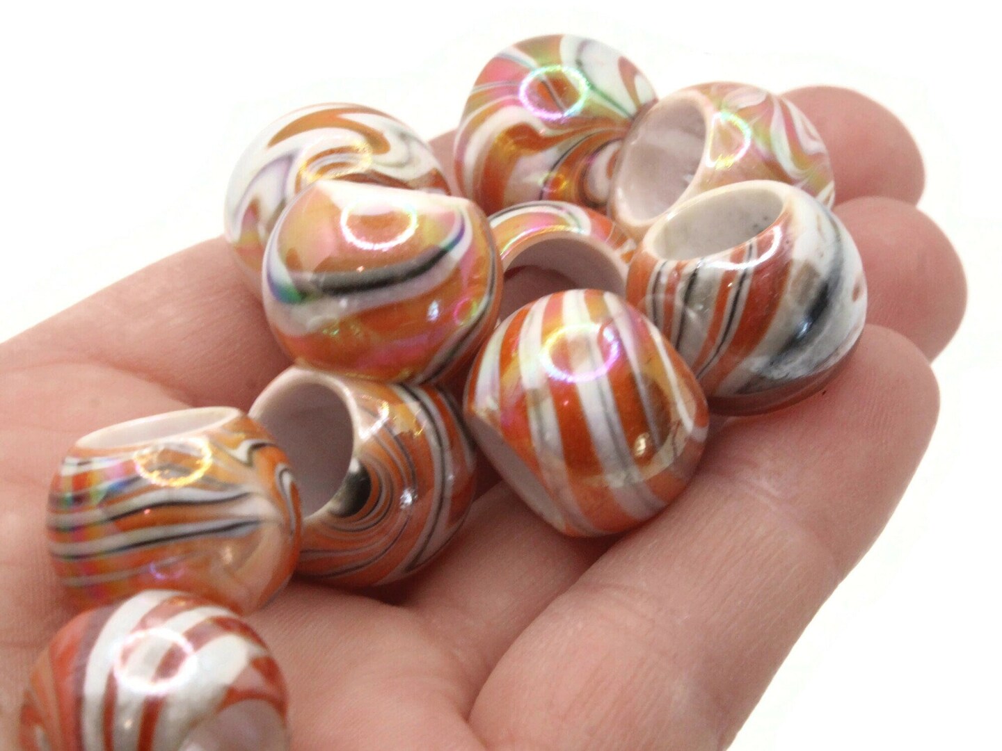 10 17mm Large Hole Macrame Orange Marbleized Round Plastic Beads