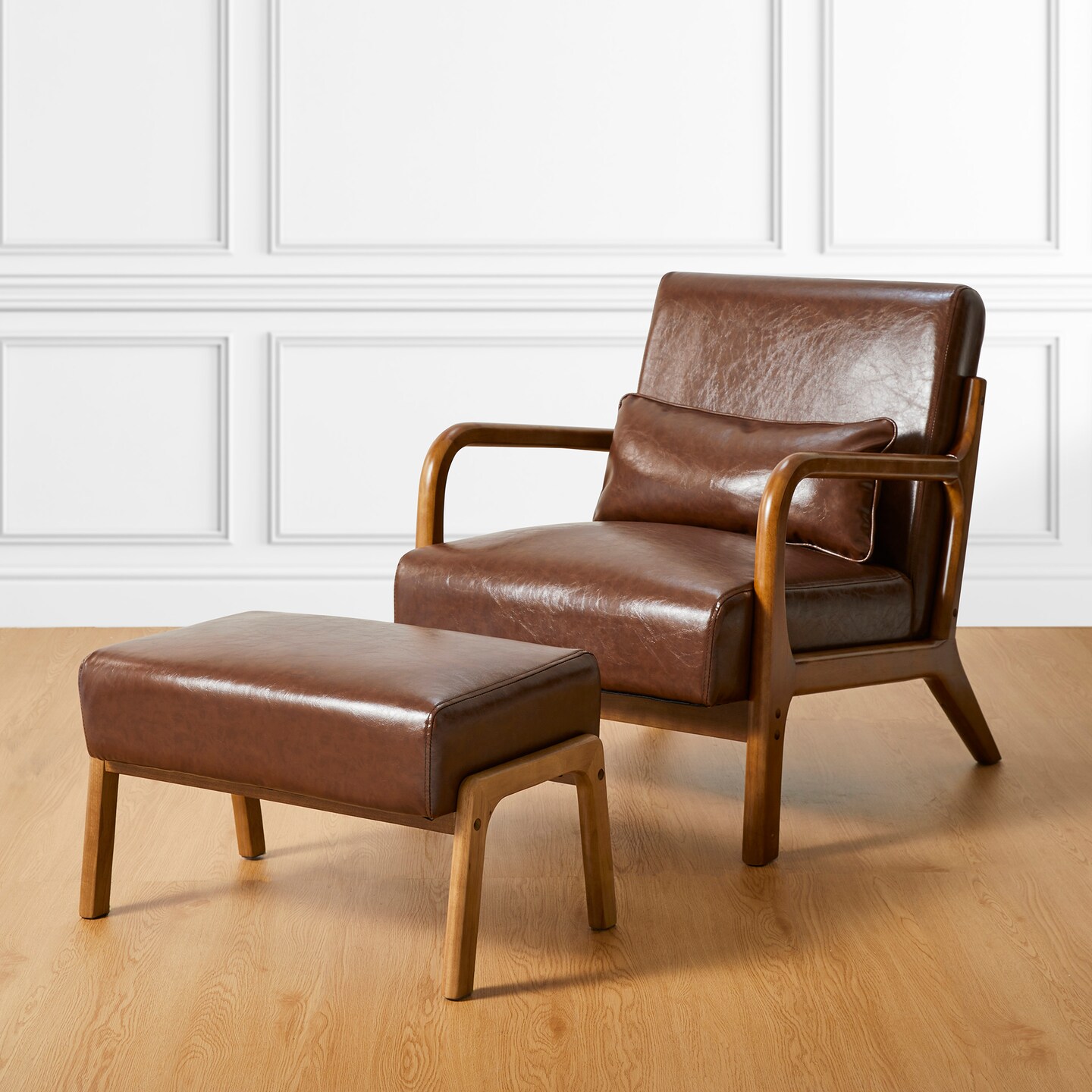 30.75&#x22;H Mid-Century PU Leather Armchair with Ottoman Set