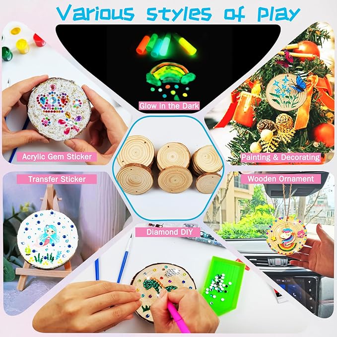 Wooden Crafts Kit for Kids-Glow in The Dark-Arts & Crafts Gifts for Boys Girls Age 6-12, 24 Wood Slices with Painting Craft Activities Kits, Creative Art Toys for 6 7 8 9 10 11 12 Year Old