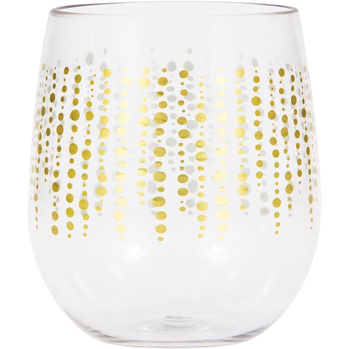 Glittering Gold Dots Plastic Stemless Wine Glass