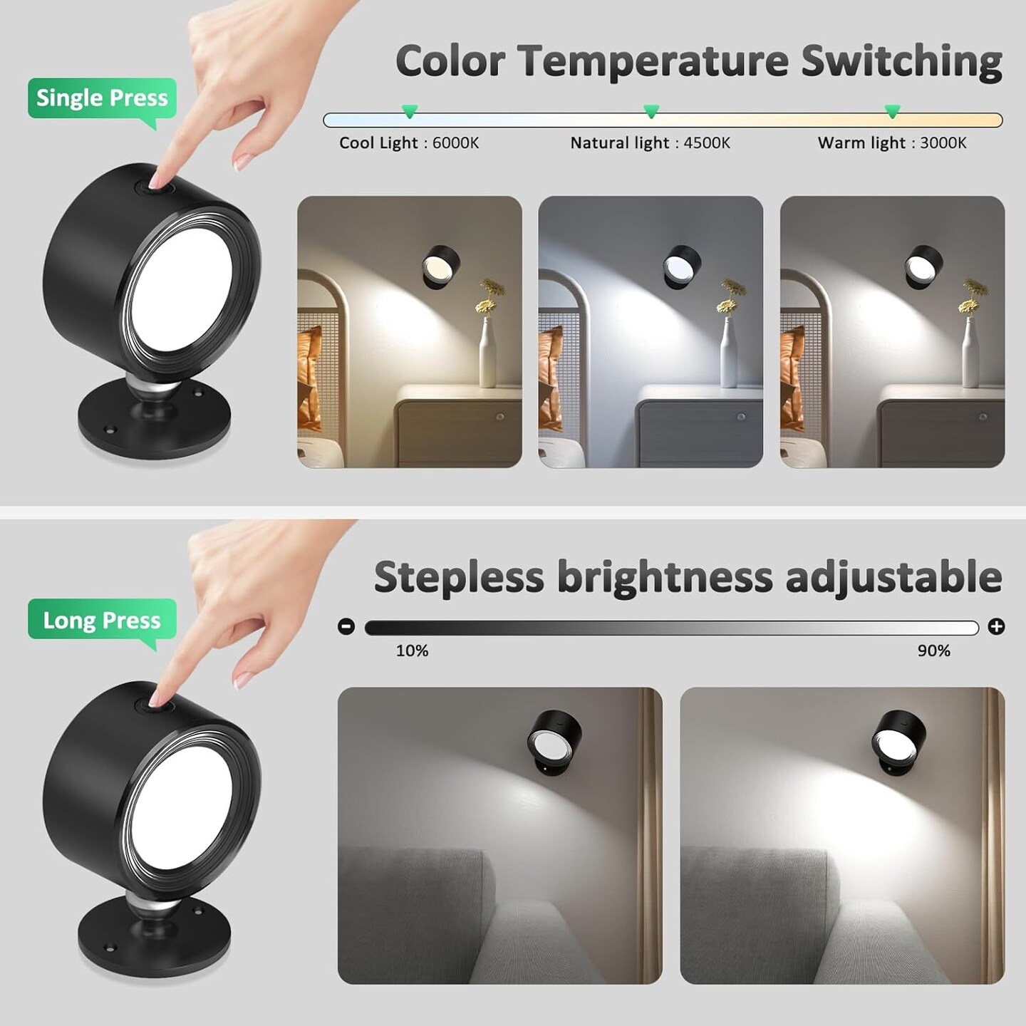 LED Wall Mounted Lights 2 Pcs with Remote, Wall Sconces Lamp 3000mAh Rechargeable Battery Operated, 3 Color Temperatures & Dimmable Magnetic 360° Rotation Cordless Light for Bedroom Bedside