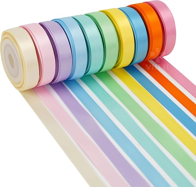 Pastel Rainbow Satin Ribbon Set – 3/8" x 50 Yards, Colorful Assorted Ribbons for Crafts, Gift Wrapping, Party Decorations, DIY Projects, and Handmade Hair Bows