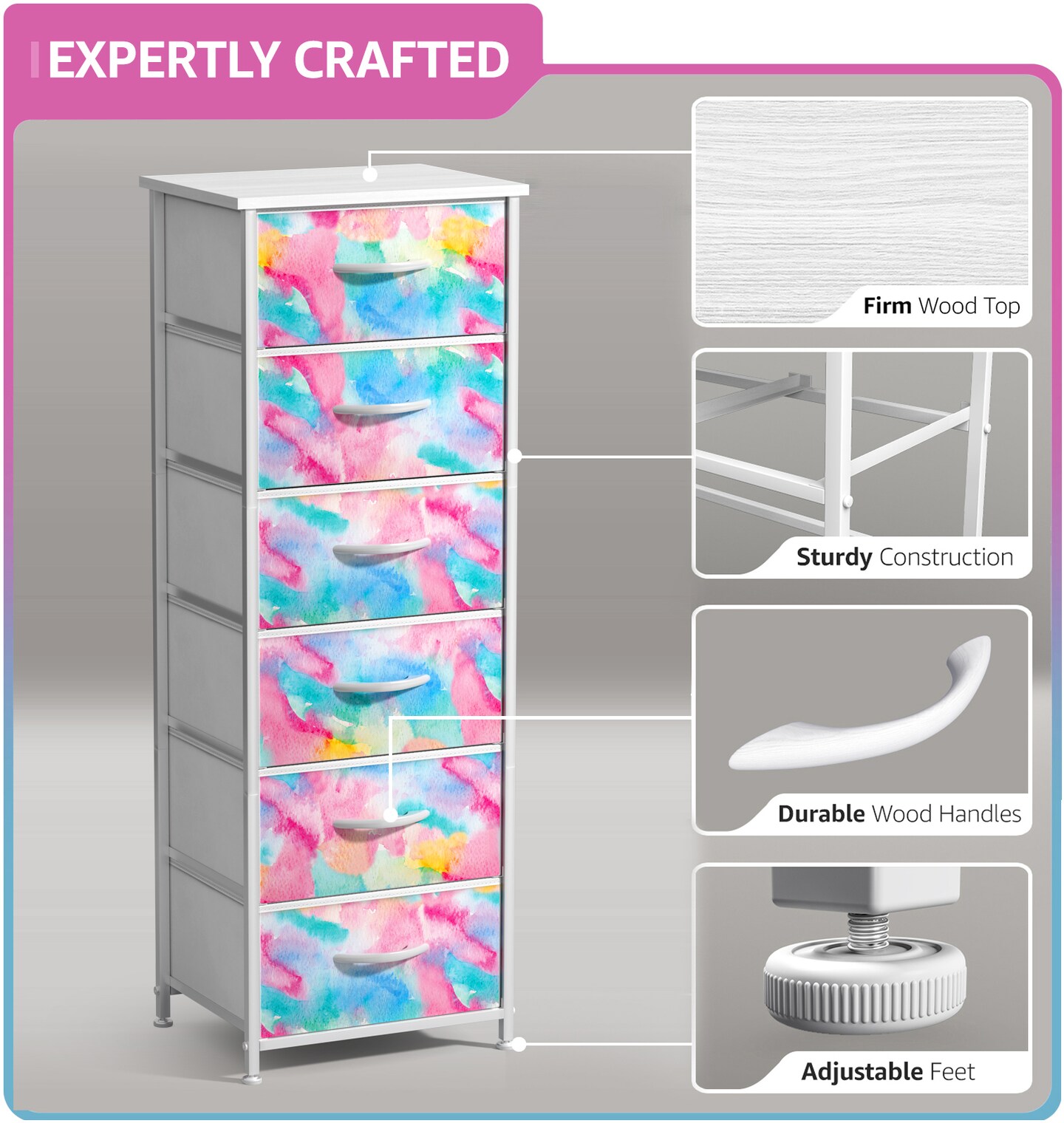 Sorbus 6 Drawers Tall Dresser with Steel Frame, Wood Top &#x26; Easy Pull Foldable Fabric Bins
