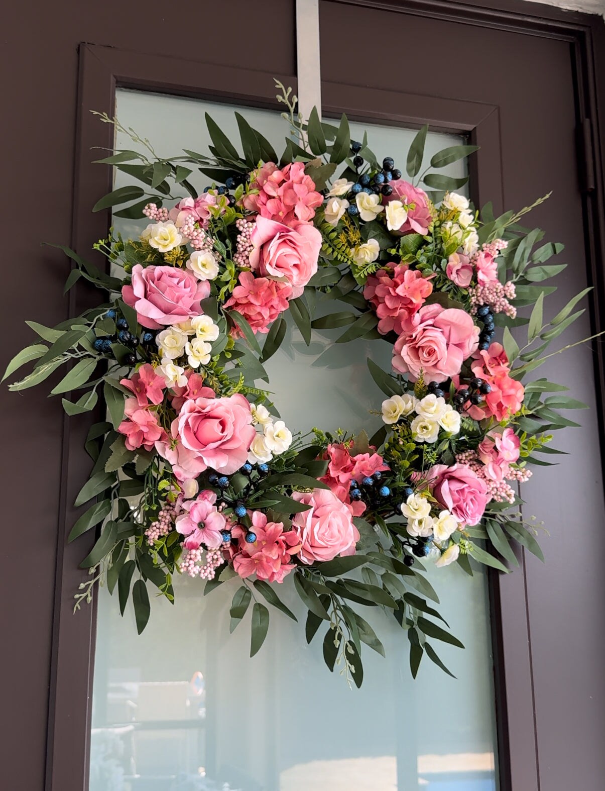 Lyla Pink Rose Green Beech Door Wreath 24&#x22; All Season Indoor Outdoor