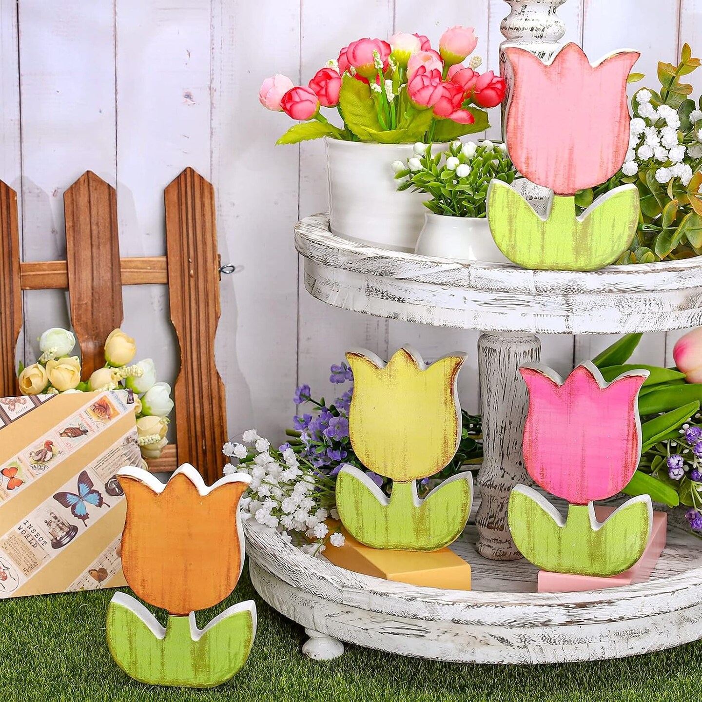4Pcs Spring Tulips Wood Signs Rustic Farmhouse Tulip Flowers Table Decoration