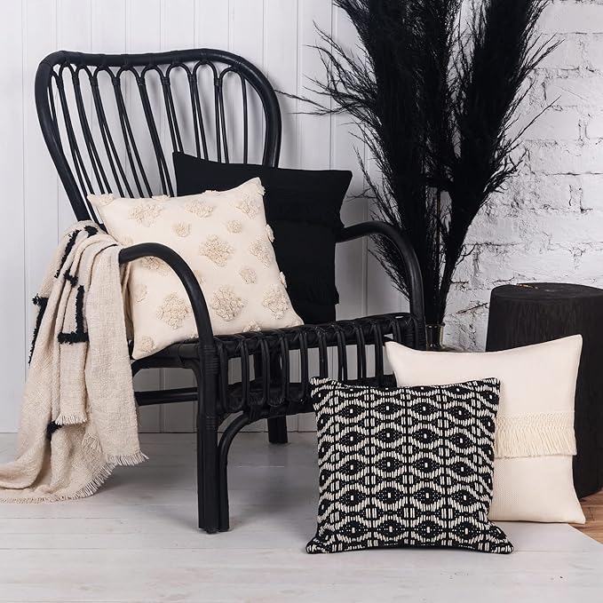 Decorative Boho Throw Pillow Covers 18x18 Inch Set of 4 - Woven Tufted &#x26; Tassel Modern Farmhouse Square Pillow Cases - Cushion Cover for Couch Bedroom Living Room (Luxe - Black &#x26; Cream)