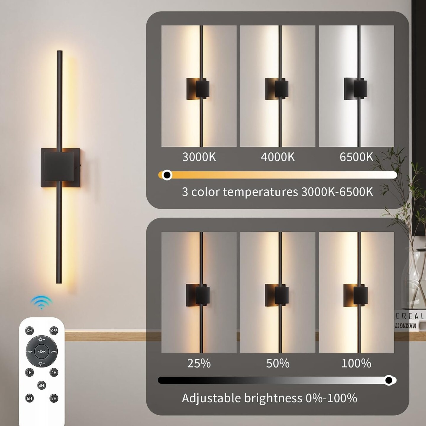 Battery Operated Wall Sconces with Remote Control, Dimmable Wall Sconces Set of Two with DIY Independently Rotatable Lamppost, 3000K-6000K LED Wall Lights for Living Room, Bedroom, 28.3 Inch