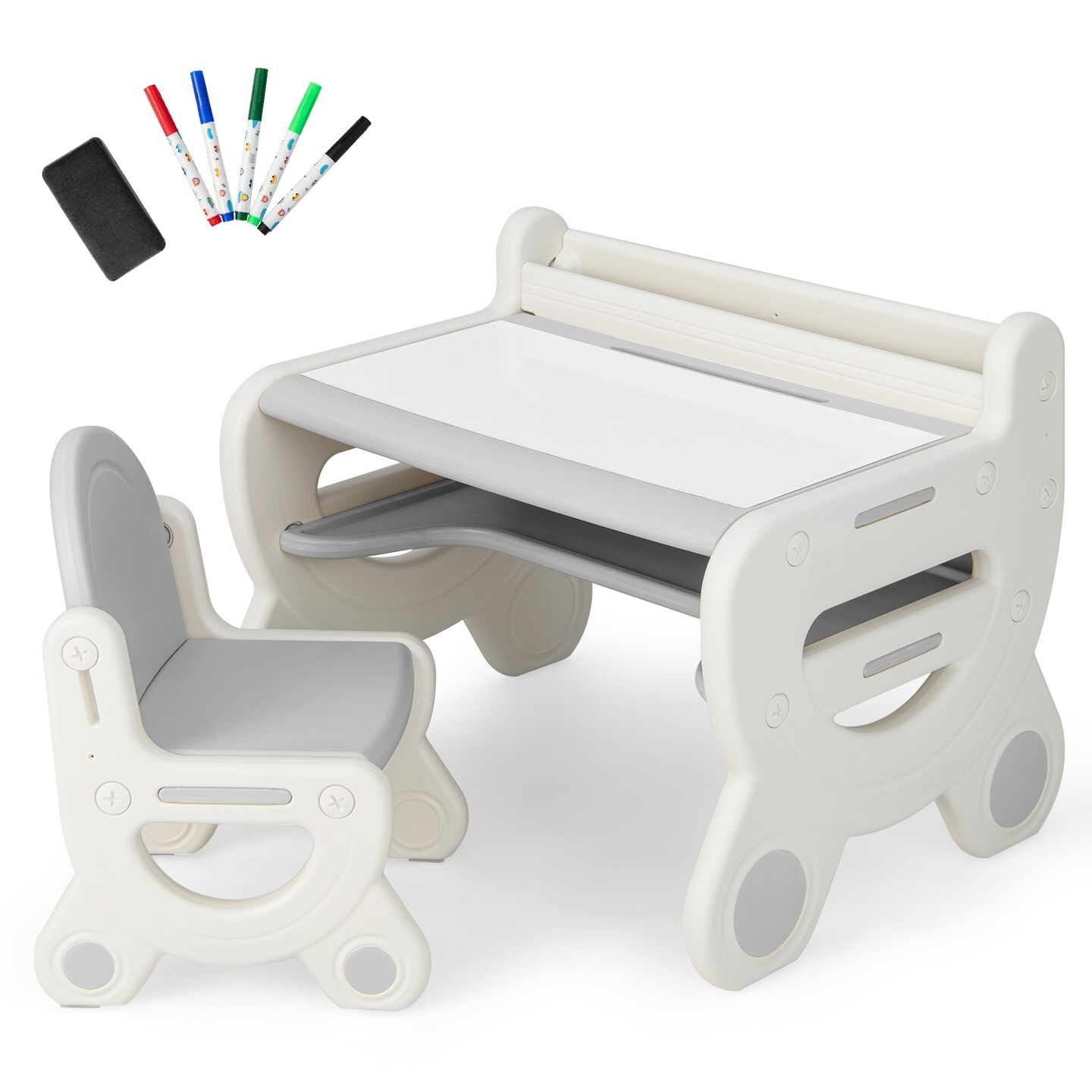 Kids Drawing Table and Chair Set Erasable Desktop Storage Shelf