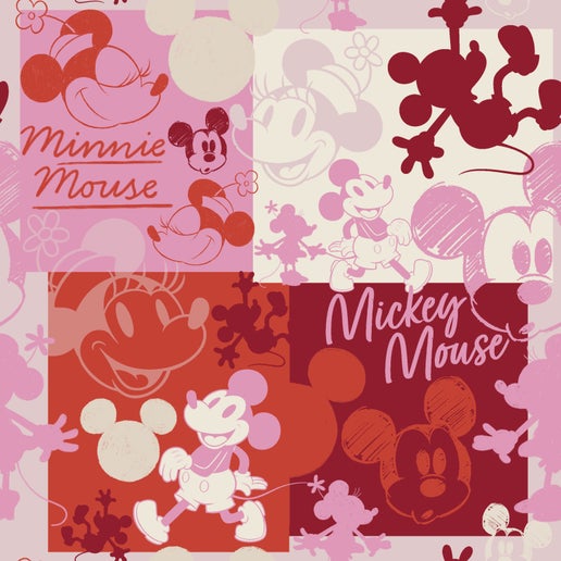 Licensed Disney Prints - Mickey and Minnie Patch Pink Cotton Fabric by the Yard