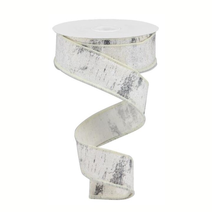 Glitter Birch Bark Ribbon | 1.5&#x22;x10yd Wired Cotton Ribbon for Rustic Winter Decor-RGA15661R