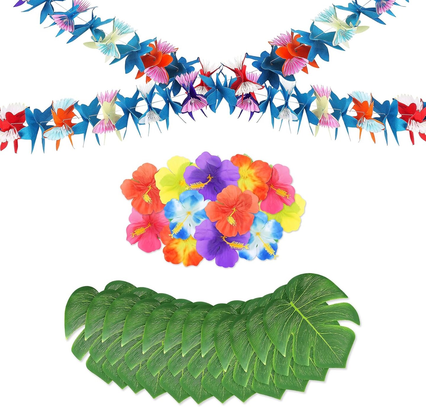 2 Pack Tropical Tissue Flower Garland for Luau Party Decoration, 24PCS Artificial Hibiscus and Palm Leaves for Hawaiian Party Decoration, Summer Tropical Banner for Aloha Birthday Theme Parties Decor
