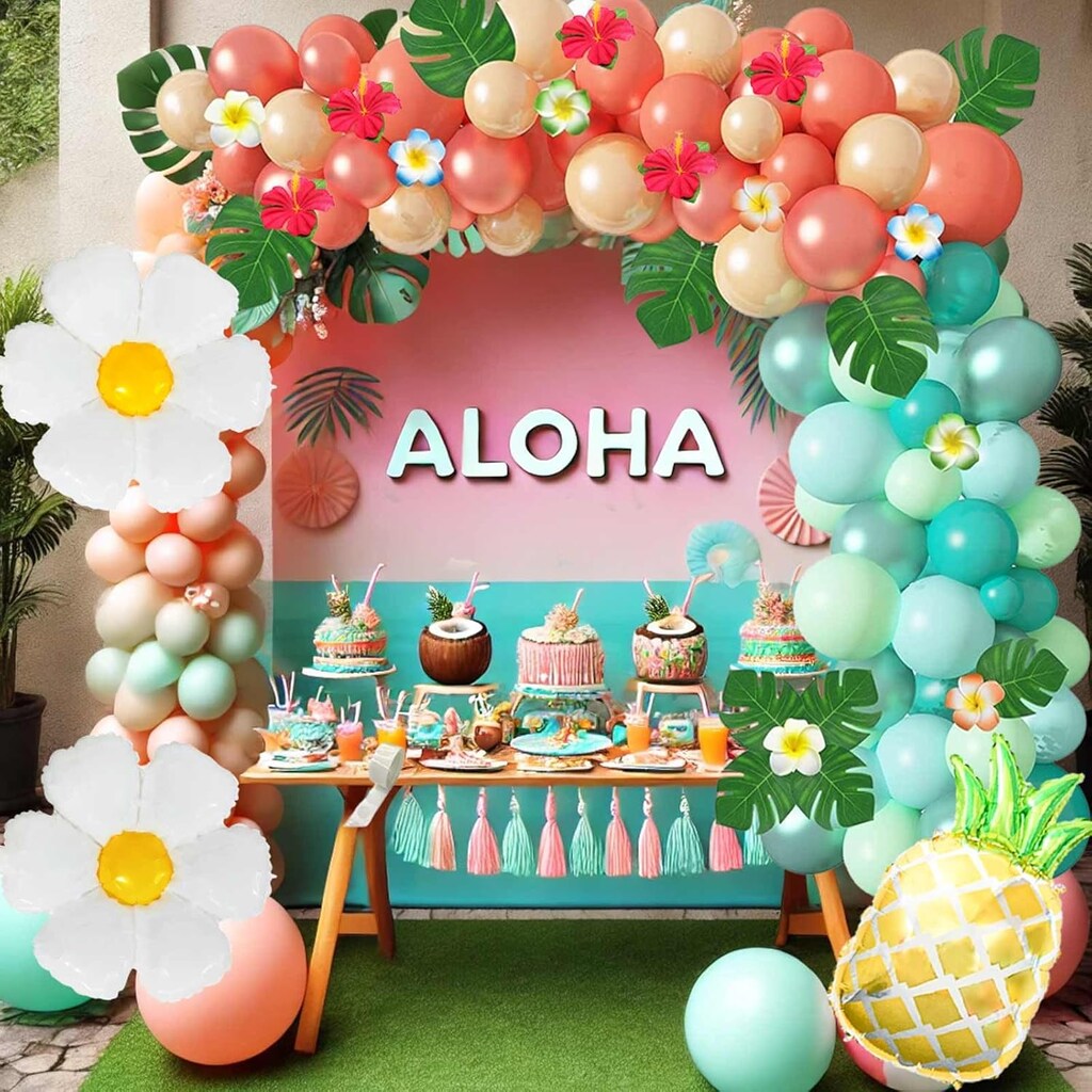 23 Decorazioni Per Torta A Tema Hawaiano | Fiori Ibisco, Foglie Palma E Palline Blu | Topper Aloha Per Compleanno, Baby Shower E Matrimonio