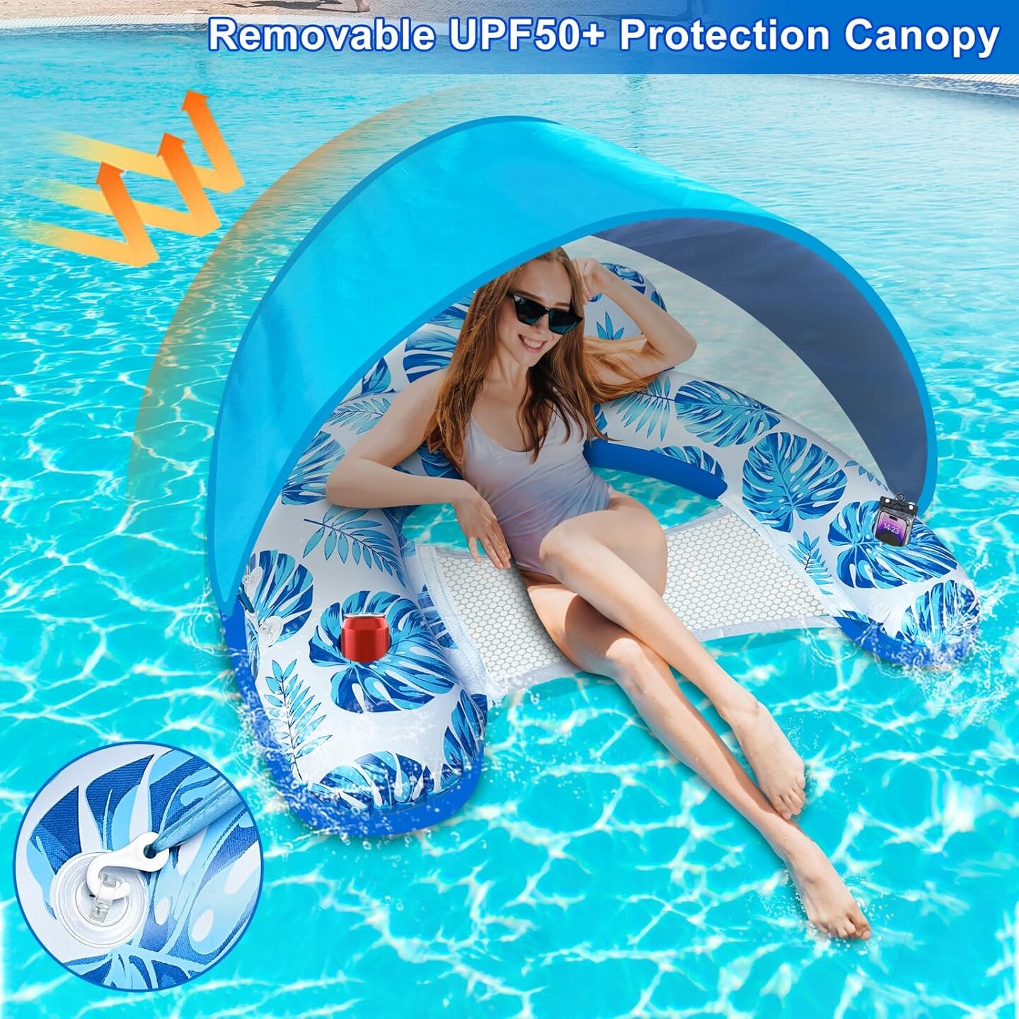 Pool Float with Canopy, Inflatable Pool Floats for Adult with 2 Cup Holders - XL Pool Lounger Chairs with Detachable Shade Mesh Seat & Headrest for Hawaiian Pool Party Beach Summer Water Fun