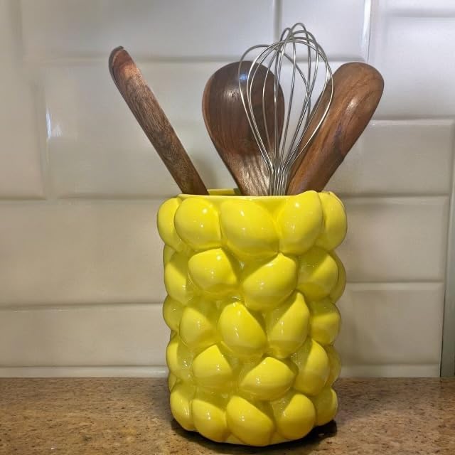 Lemon Vase -7 Inch Tall Yellow Ceramic Mediterranean Style Tabletop Vase Holder with 3D Lemon Design- Lemon Kitchen Decor Inspire - Lemon Themed Gifts