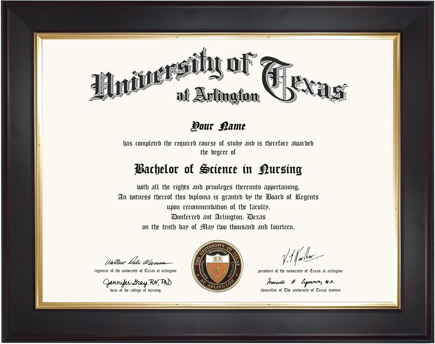8.5x11 Wood Diploma Frame with Tempered Glass Deep Brown Finish with Gold Trim