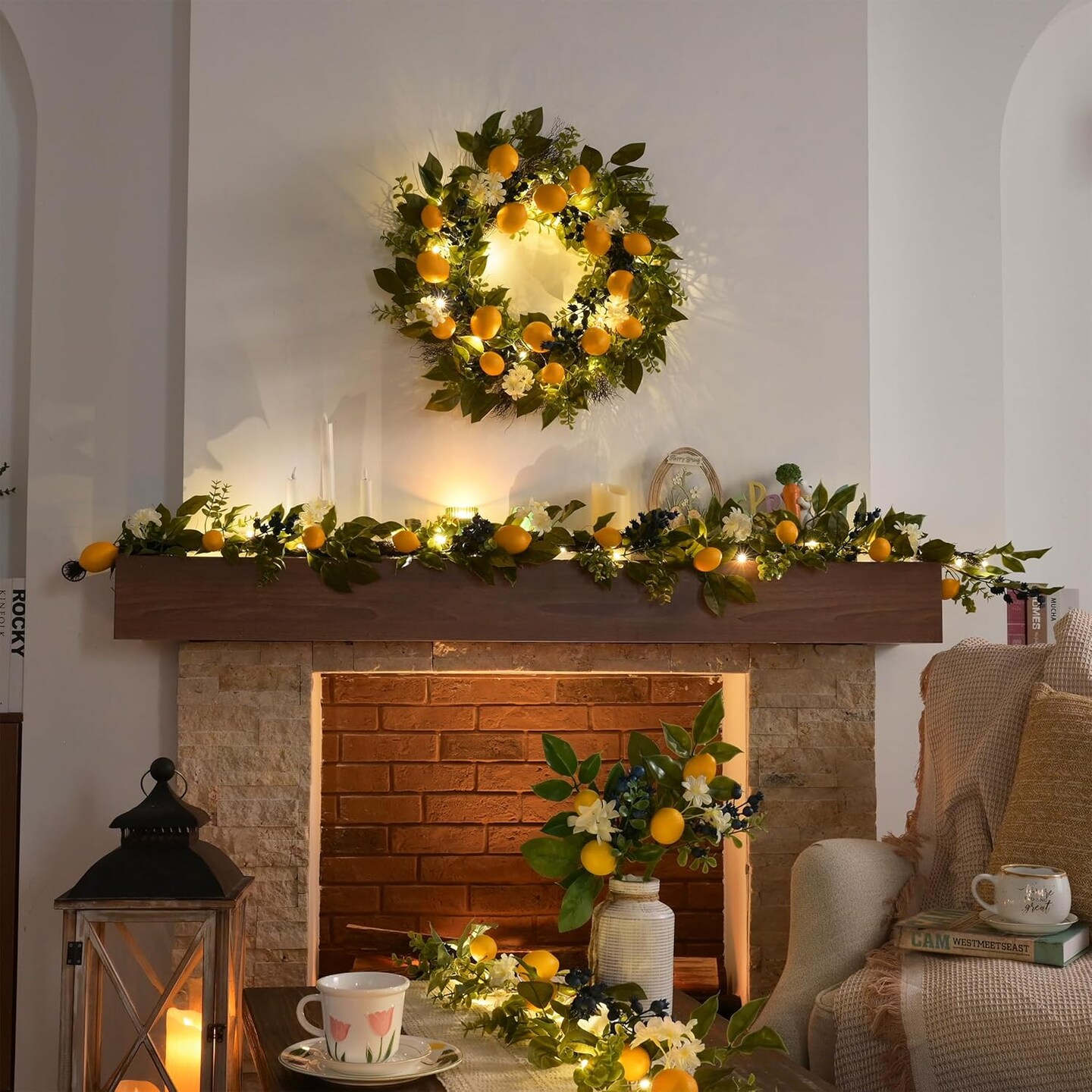 24-Inch Summer Artificial Lemon Wreath with Lights – Front Door or Wall Décor with Eucalyptus Leaves and Blueberries for Farmhouse, Home, Kitchen, and Party Decorations