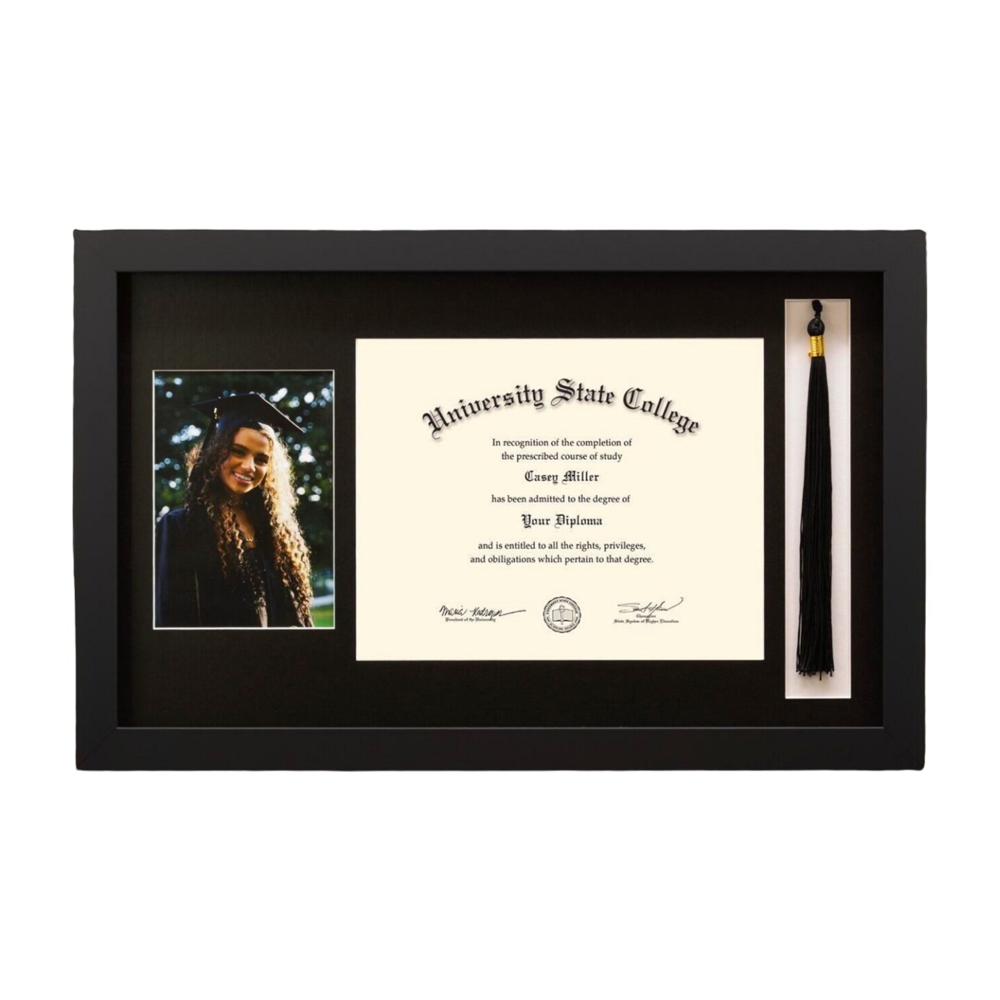 Framerly - 11"w x 8.5"h Tassel & Photo Diploma Frame - Black Matte Moulding with Black Matting