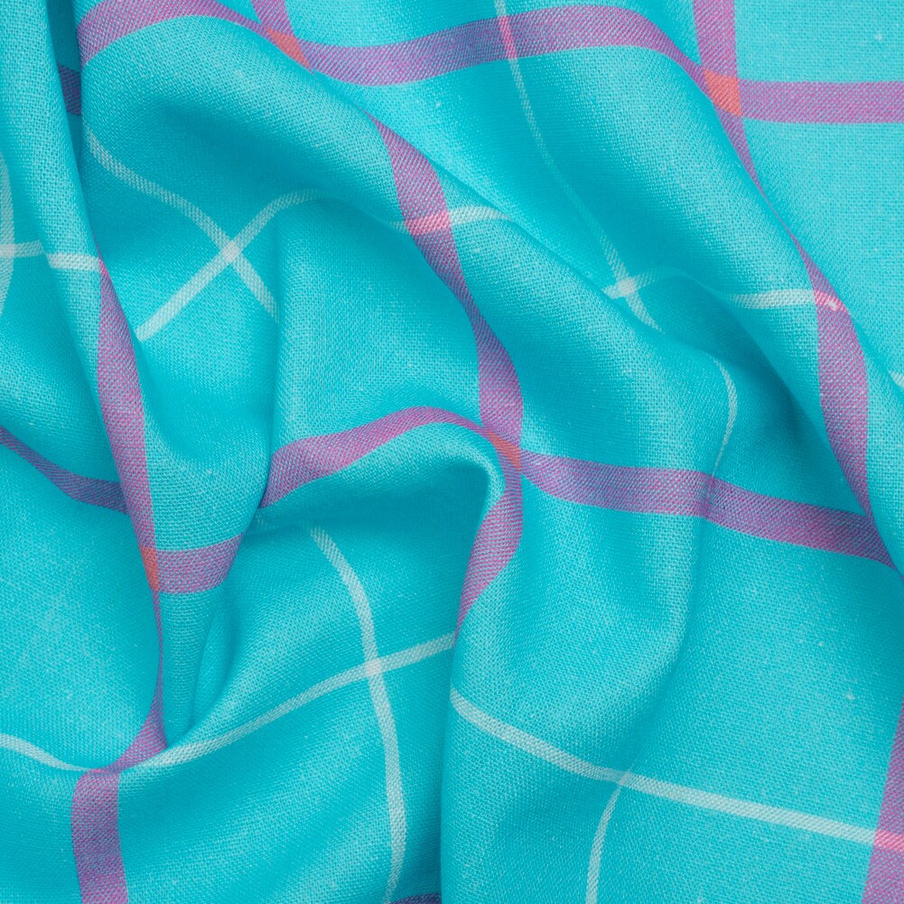 1 Yard Linen and Rayon Woven Print Turquoise and Purple Plaid Fabric