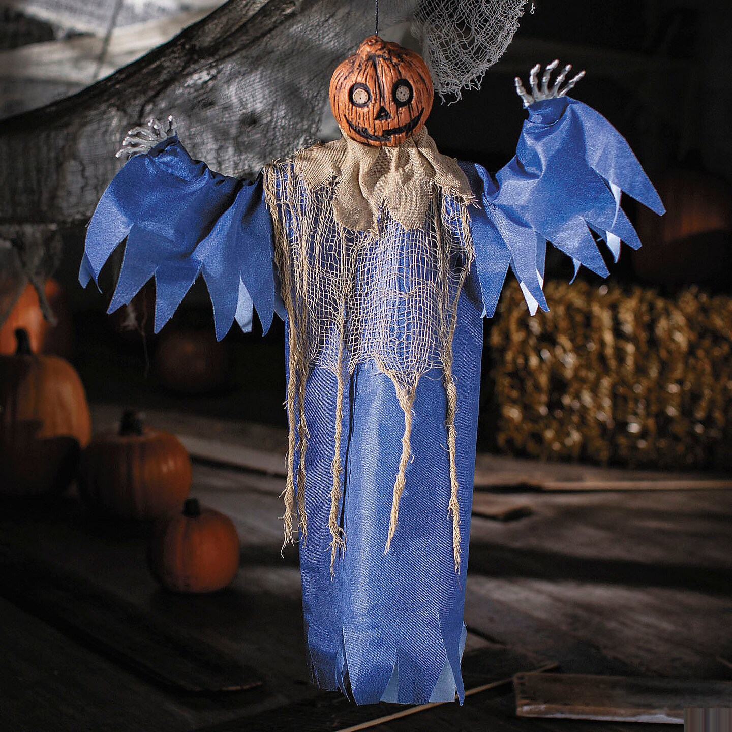 27 1/2&#x22; Hanging Blue &#x26; Burlap Pumpkin Man Halloween Decoration