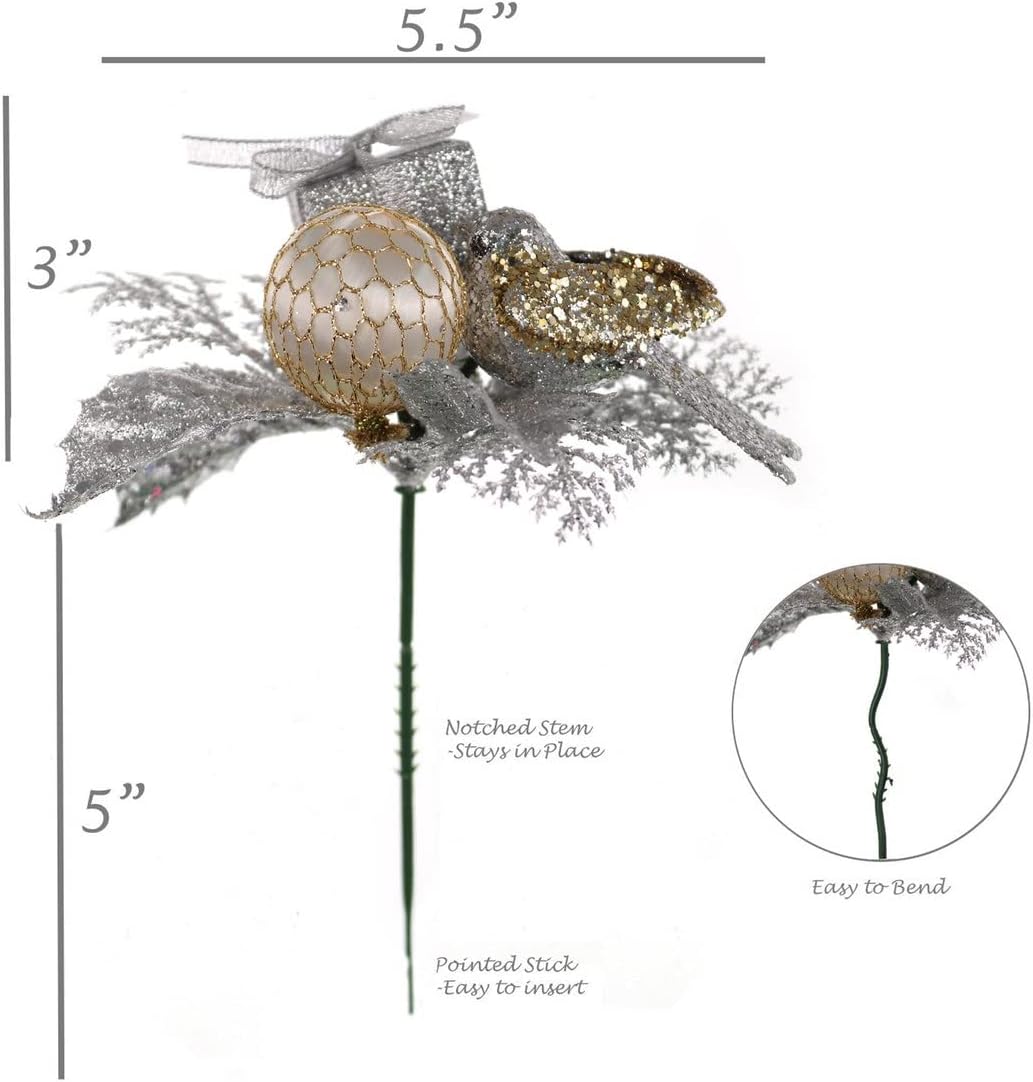 Set of 12: Traditional Silver Glitter Picks with Gift Box, Dove Bird, &#x26; Ornament Ball | Festive Holiday Decor | Trees, Wreaths, &#x26; Garlands | Christmas Picks | Home &#x26; Office Decor - 2024 Christmas Collection, Floral Home by Artificial Flowers