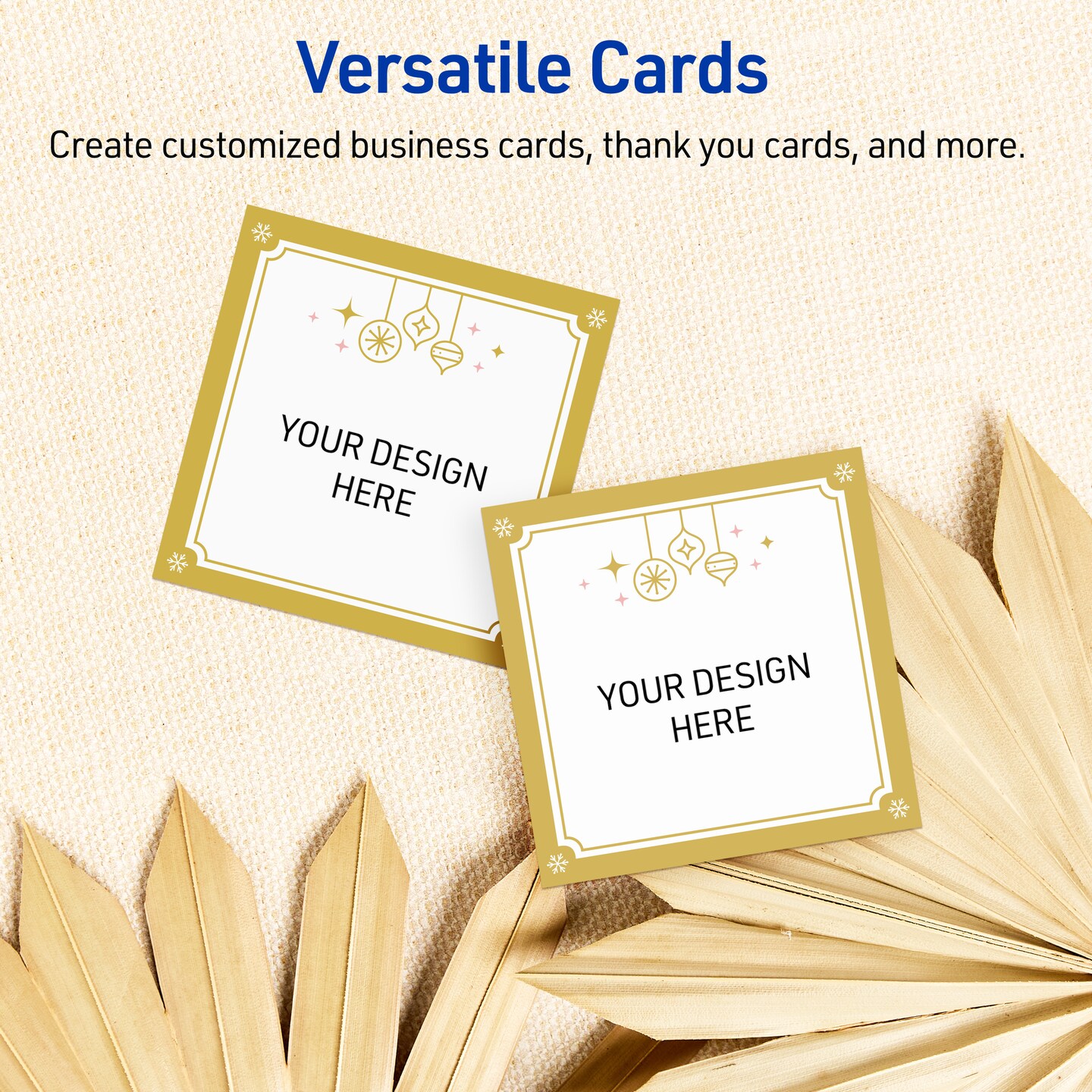 Avery Printable Square Business Cards, 2" x 2", Matte White, Pre-printed Metallic Gold Hanging Ornaments Design, Sure Feed Technology, Laser & Inkjet Compatible, 240 Total
