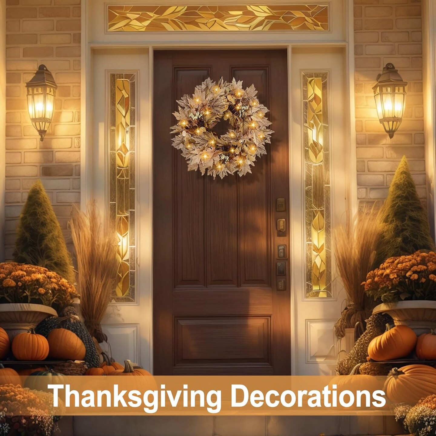 22 Inch Fall Wreaths for Front Door Outside Timer Function(Fall Wheat-268)22&#x22;D x 22&#x22;W x 5&#x22;H