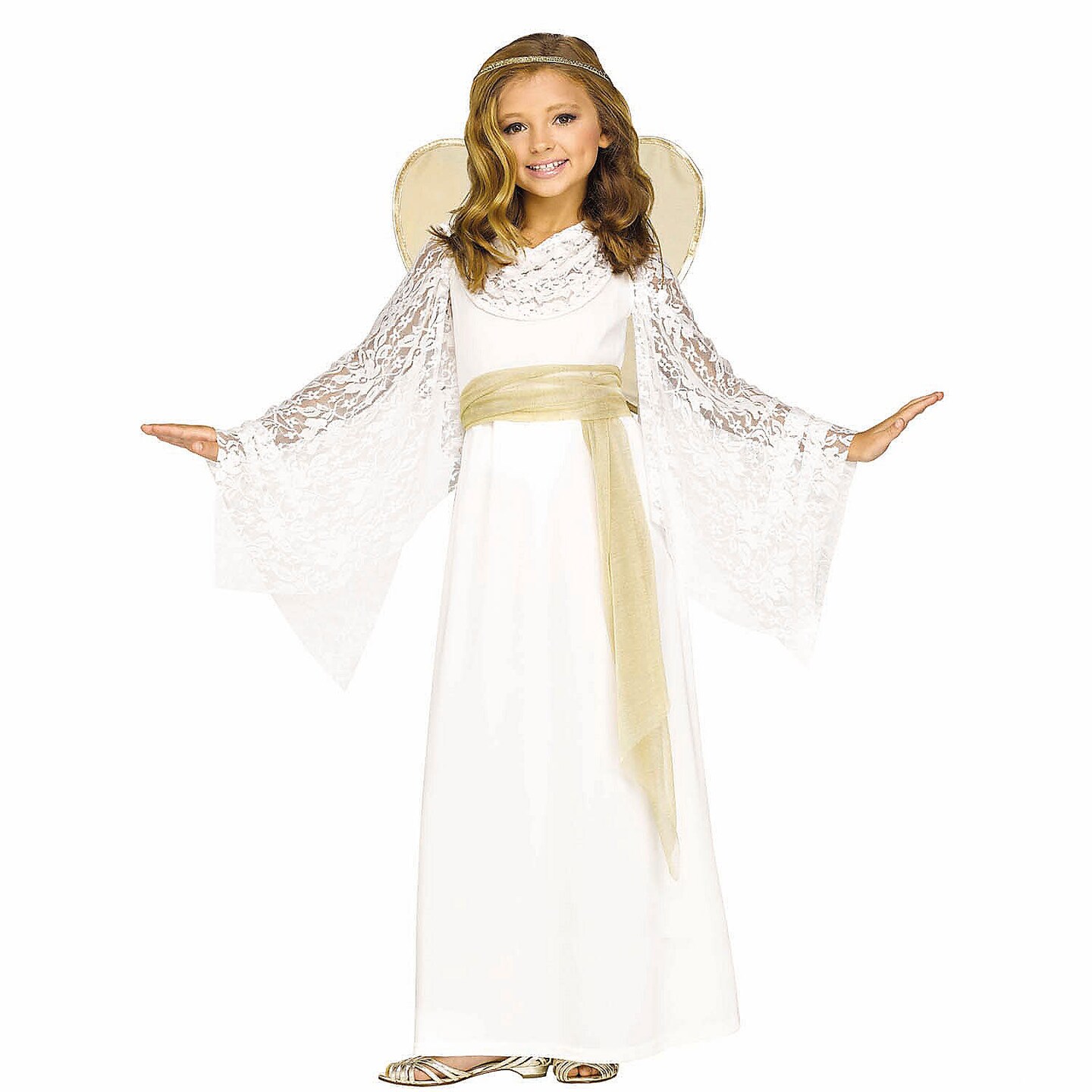 Girls White Gold Dress Angelic Miss Costume with Wings and Headband