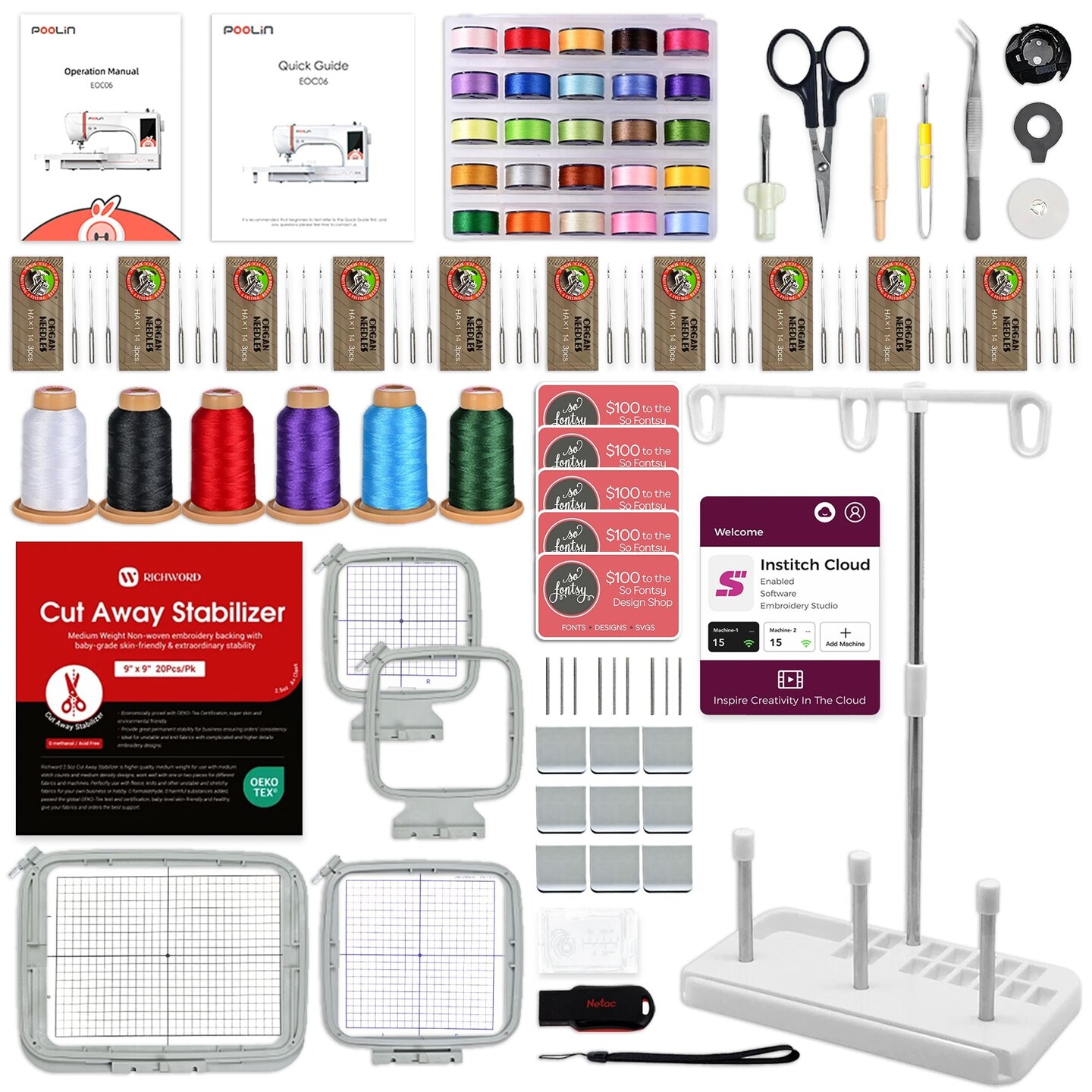 POOLIN EOC06 7.9in x 11in Embroidery Machine with Deluxe Accessory Kit - Red