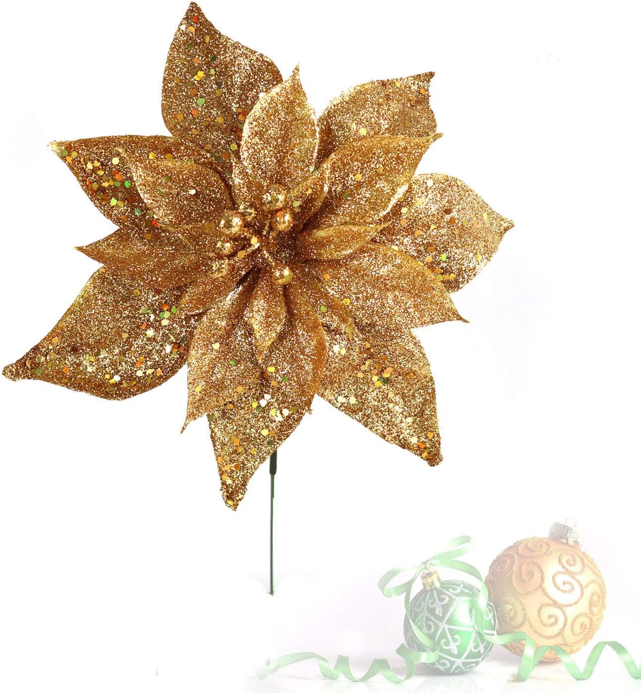 6-Pack: Sparkling Gold Glitter Poinsettia Flower Picks - 8.5" Wide Heads, Floral Home by Artificial Flowers