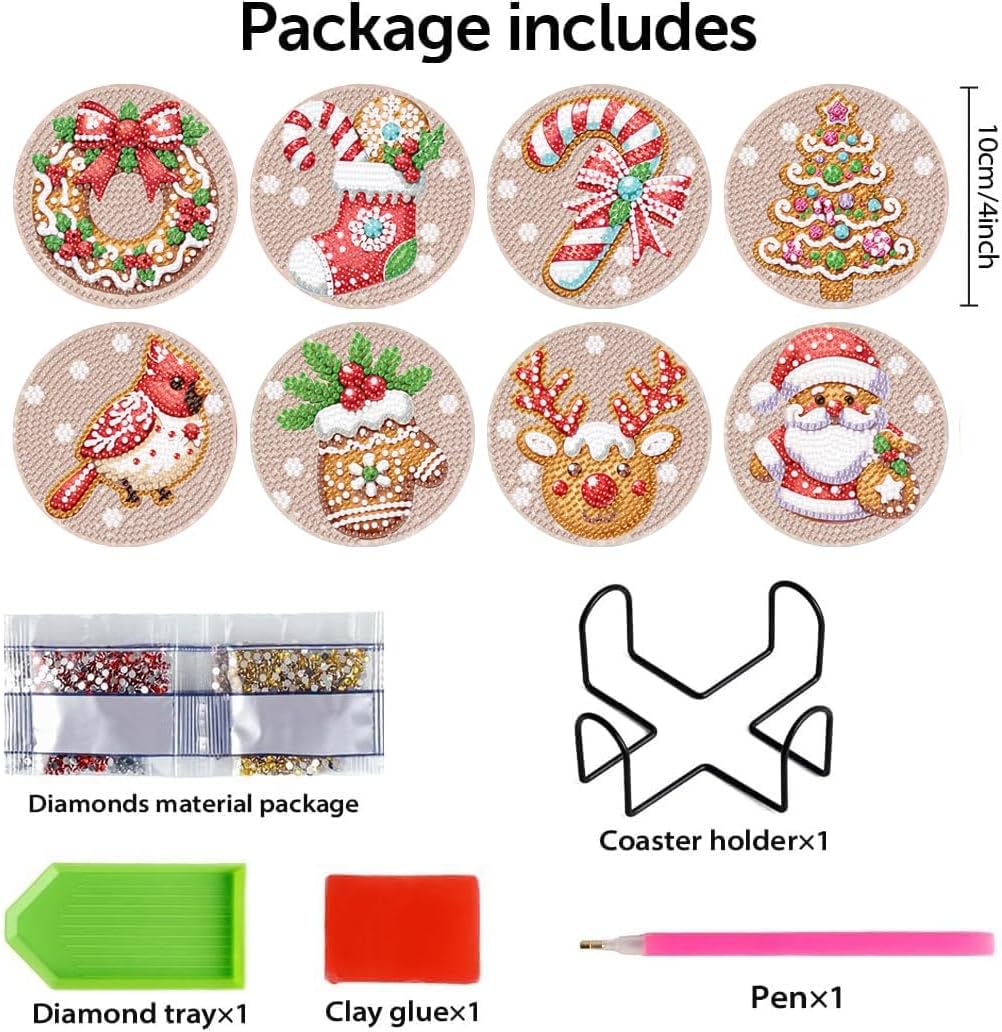 8 Pcs Christmas Diamond Painting Coasters Kit with Holder