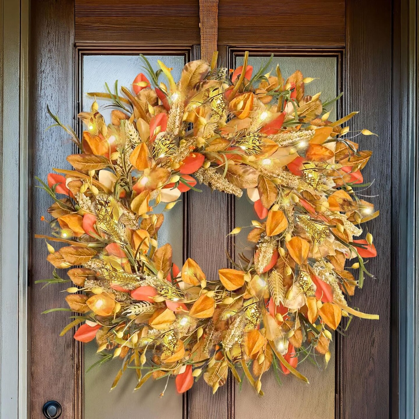 24 Inch Fall Wreaths for Front Door with Lights,(Golden-a)24&#x22;D x 24&#x22;W x 3&#x22;H
