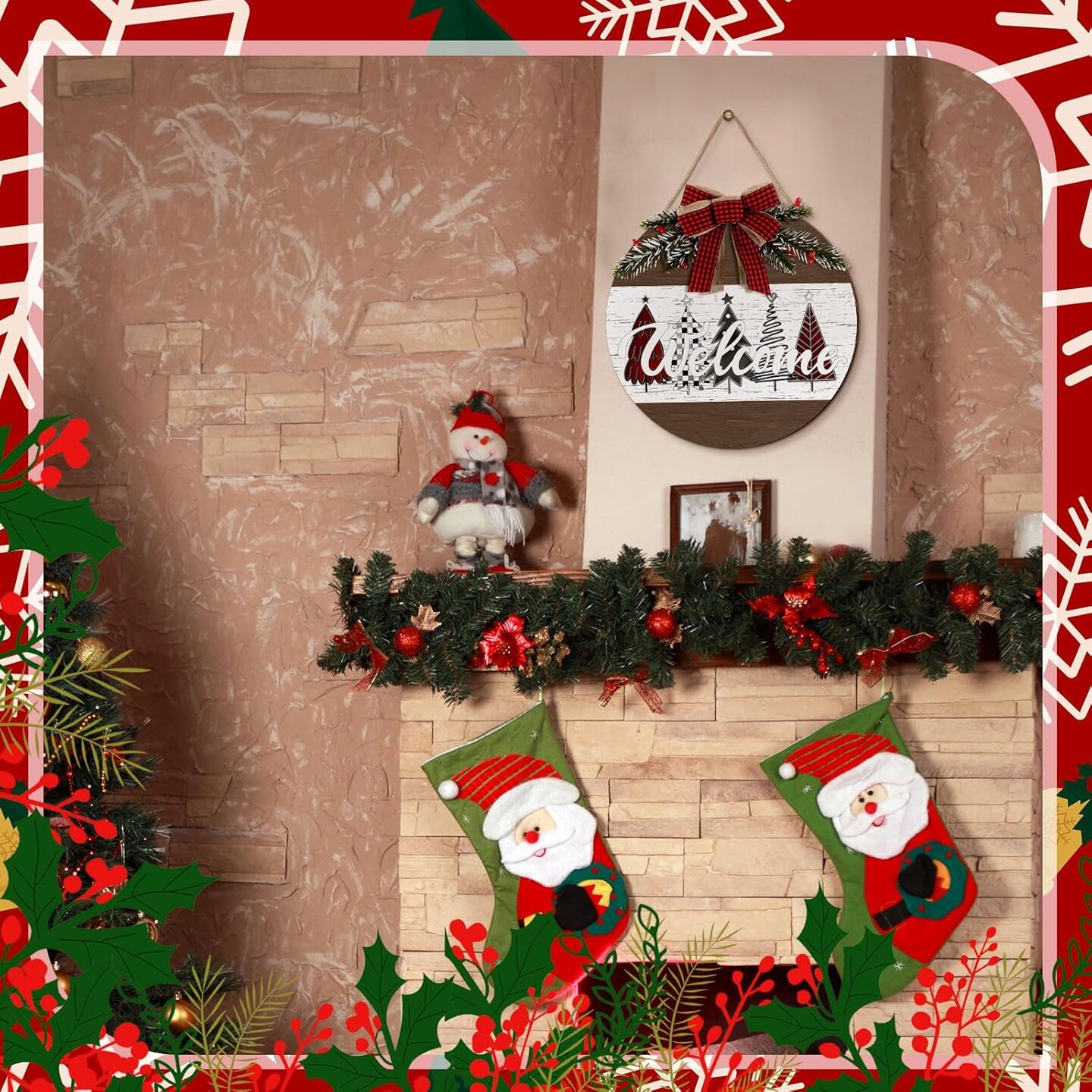 Christmas Door Wreath Merry Christmas Welcome Hanging Wall Sign - 11.8'' (Novel)