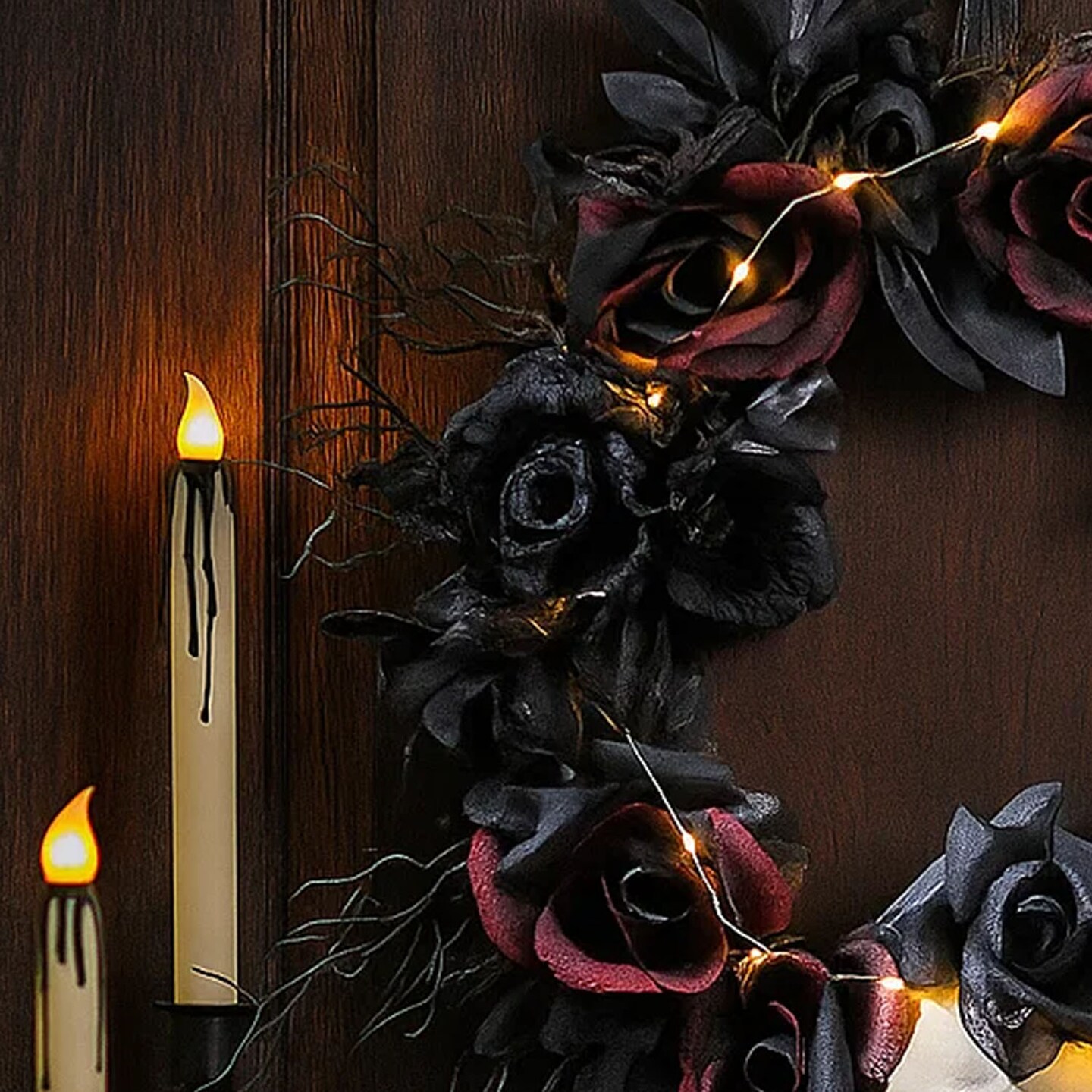 Haunted Skull and Dark Roses Halloween Wreath with Lights 23 1/2 Inches